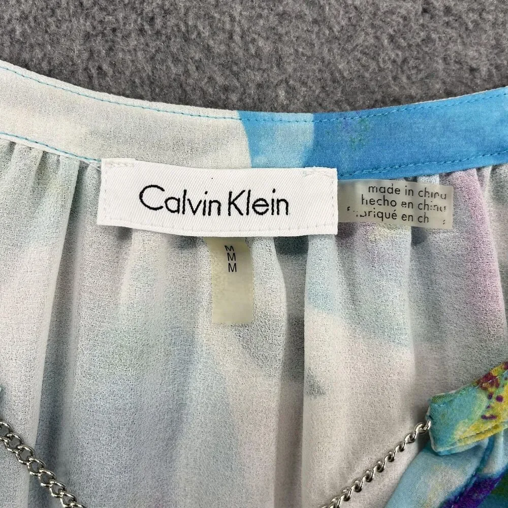 Calvin Klein Blouse Womens Medium Blue Floral Split Neck Chain Tassel Sheer‎ - Picture 11 of 16